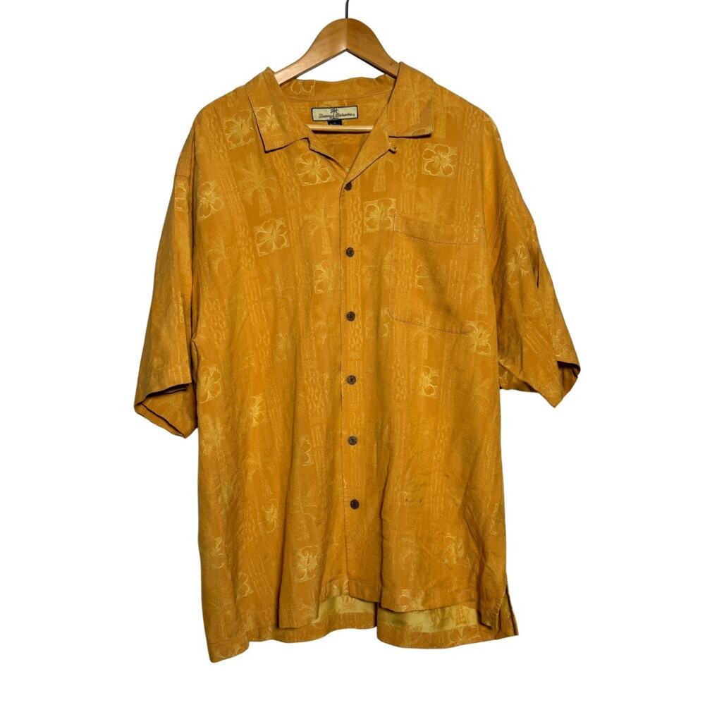 Vintage Tommy Bahama Silk Hawaiian Shirt XL Yellow Floral Camp Collar